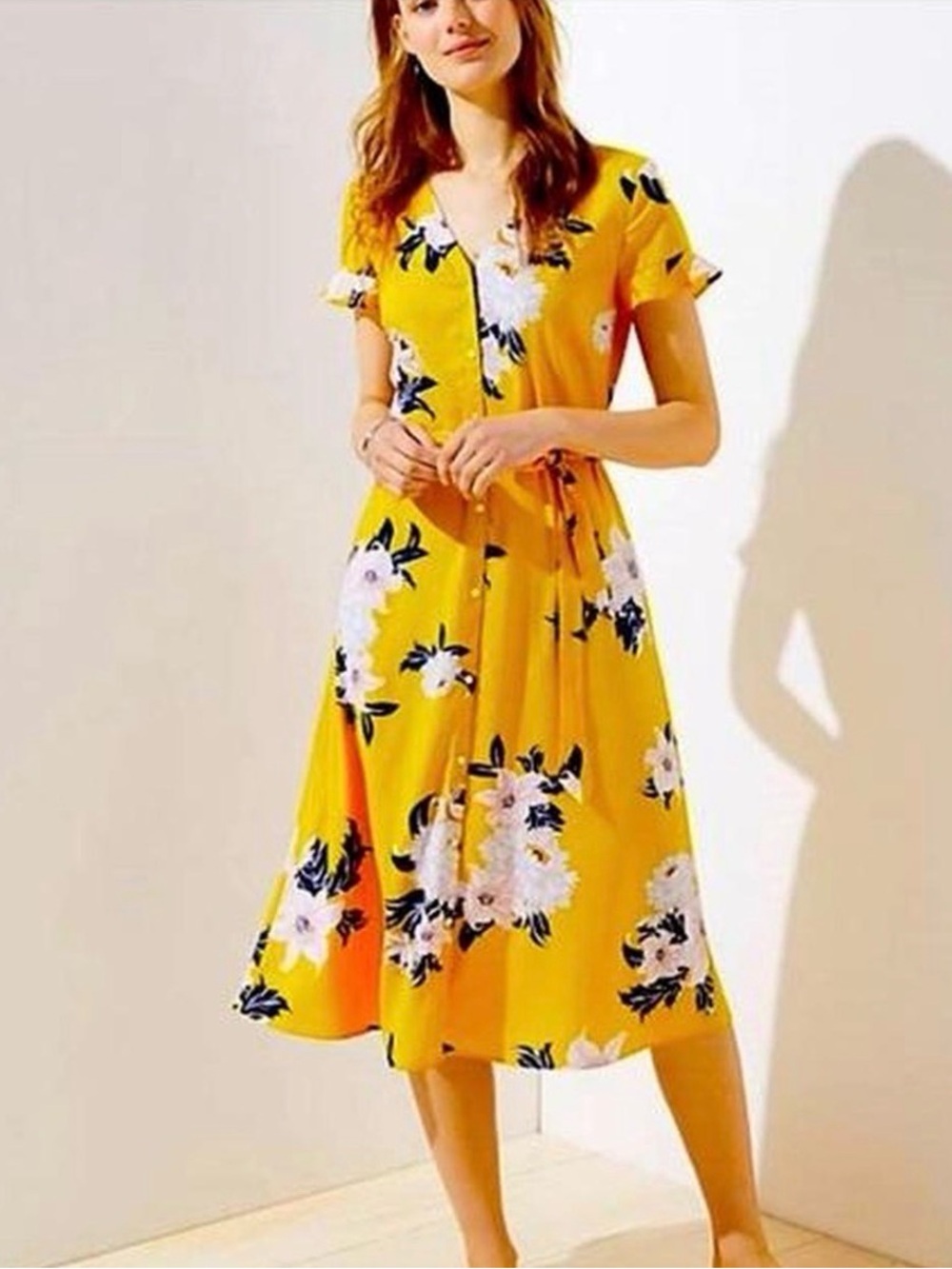 LOFT Yellow Floral Wrap Midi Dress